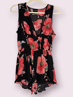 Audrey 3+1 Black and Red Floral Sleeveless Romper